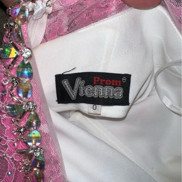 Vienna Prom Pink w/Crystals Vienna 1034 Size 0 Long Lace Prom Dress Pageant Gown - Picture 4 of 16